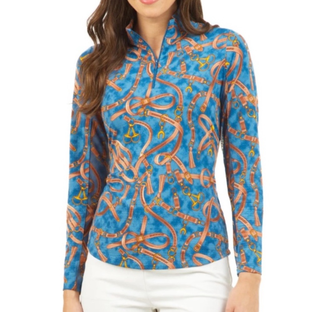 IBKUL Icefil COOL Alexandra Equestrian Denim Long Mesh Sleeve Mock Neck Top L